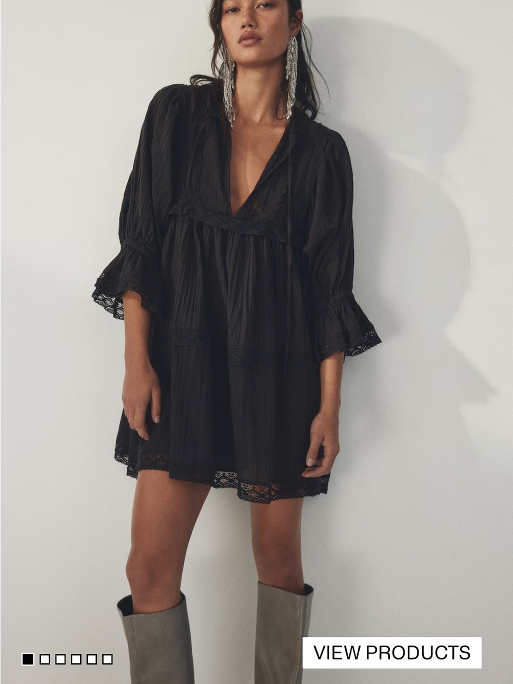 H&M Black Lace-Trim V-Neck Tiered Mini Dress